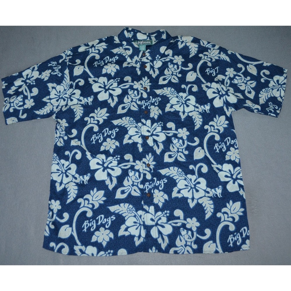 Big Dog Brand Hawaiian Shirt Mens XL Beach Vacation Aloha Button Up Blue Floral
